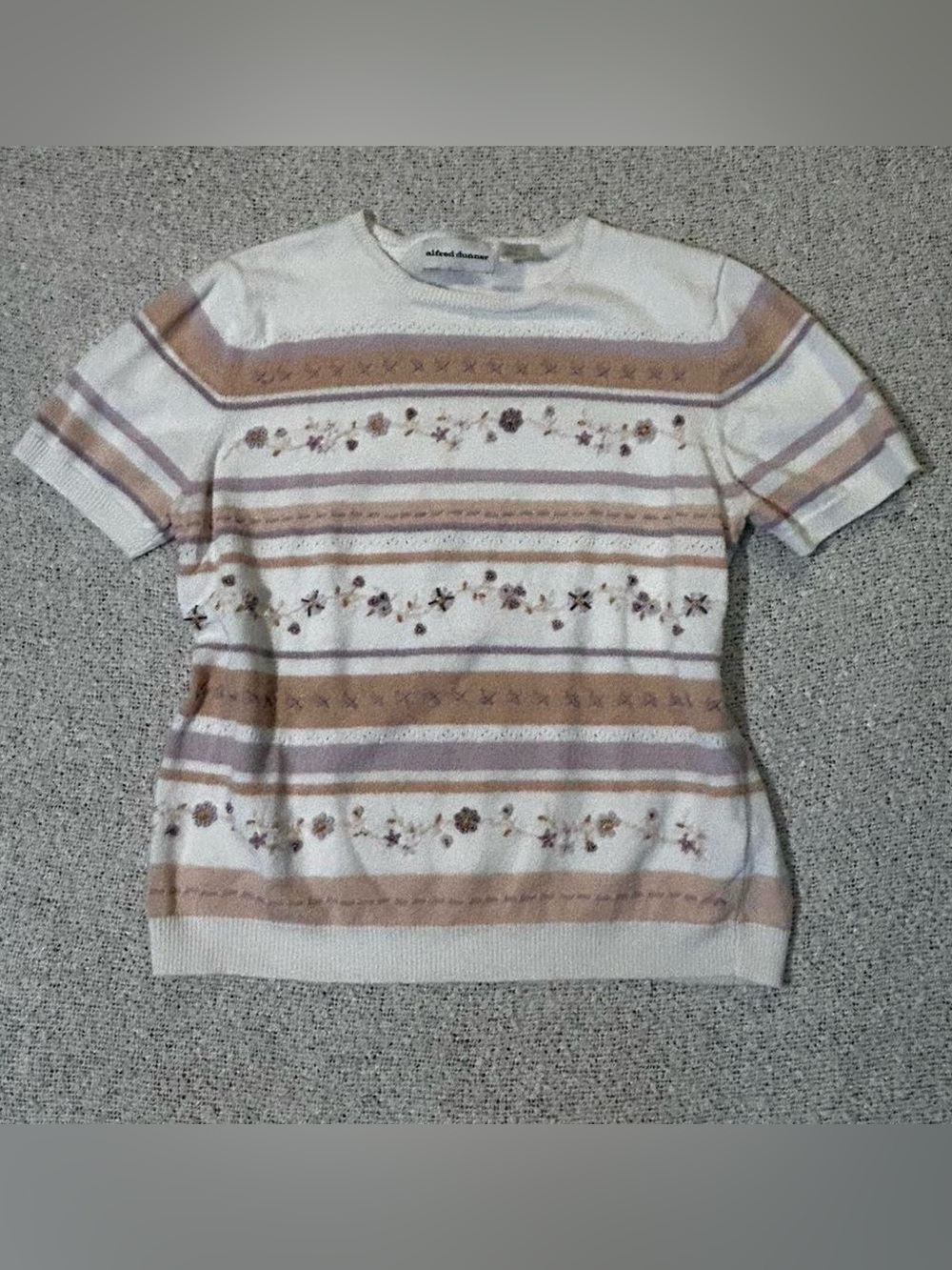 Vintage Alfred Dunner striped short sleeve sweater w floral embroidery Size S